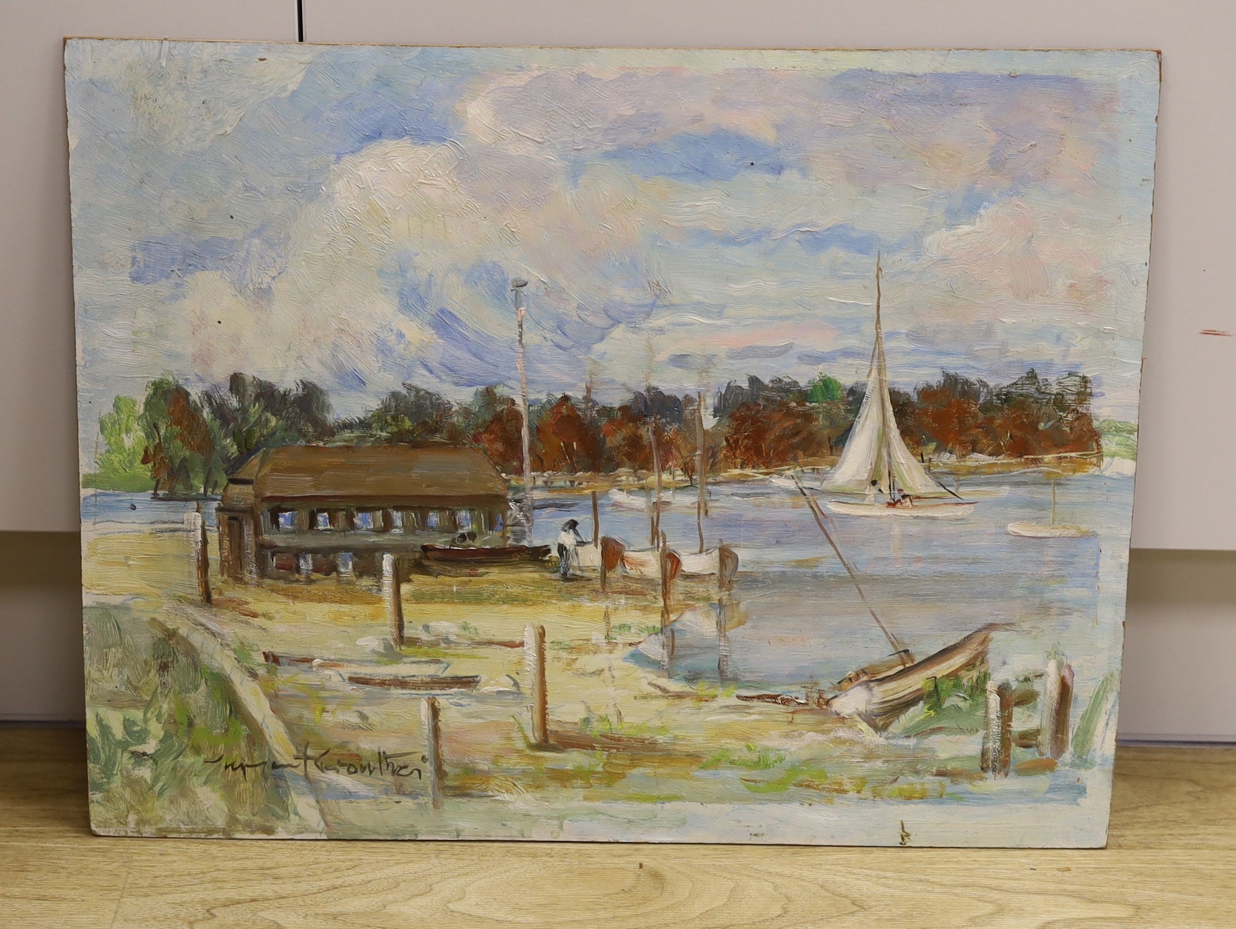 Stephen Crowther (1922-), oil on board, Yachts in harbour, signed, 40 x 51cm, unframed